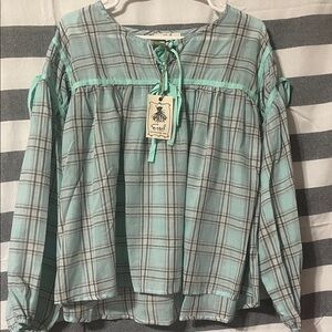 Easel Aqua Plaid Blouse with Tie Detail